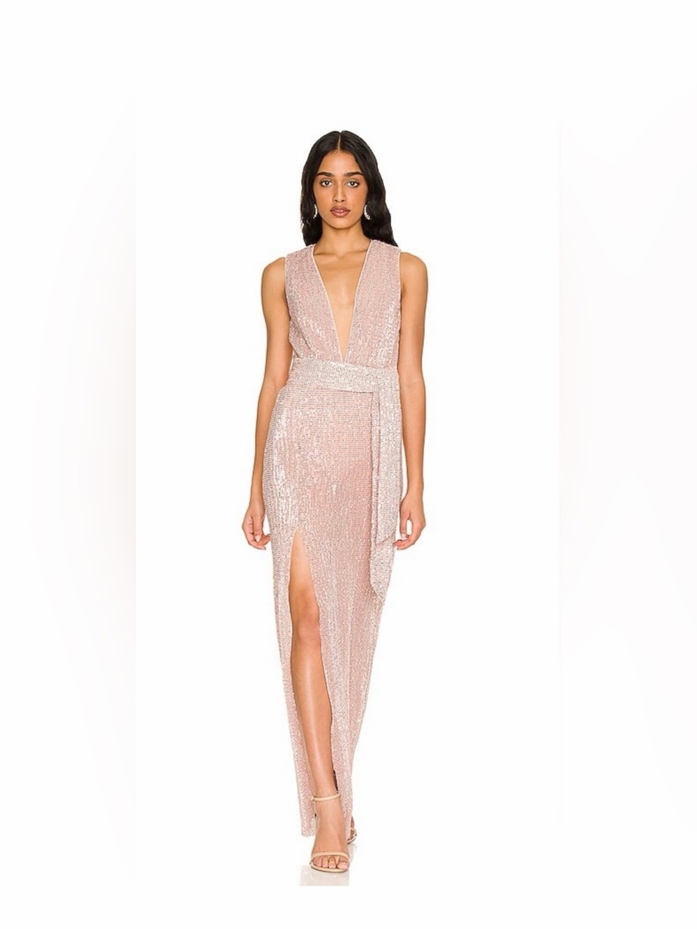 NBD Rose Gold Sequin Plunge Wrap Maxi Dress